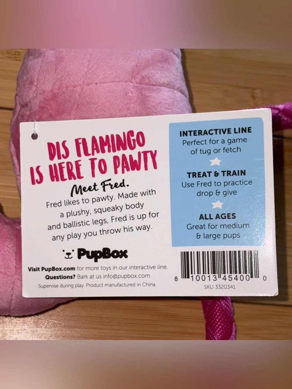 Fred the Flamingo Plush Dog Toy with Interactive Line for Game of Fetch or Tug!